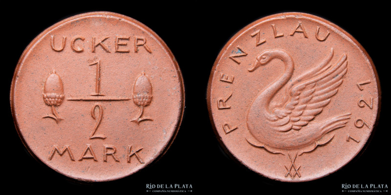 Weimar. Notgeld Porcelana 1/2 Mark 1921. Prenzlau (Brandeburgo) 28.0mm; 3.80g. S...