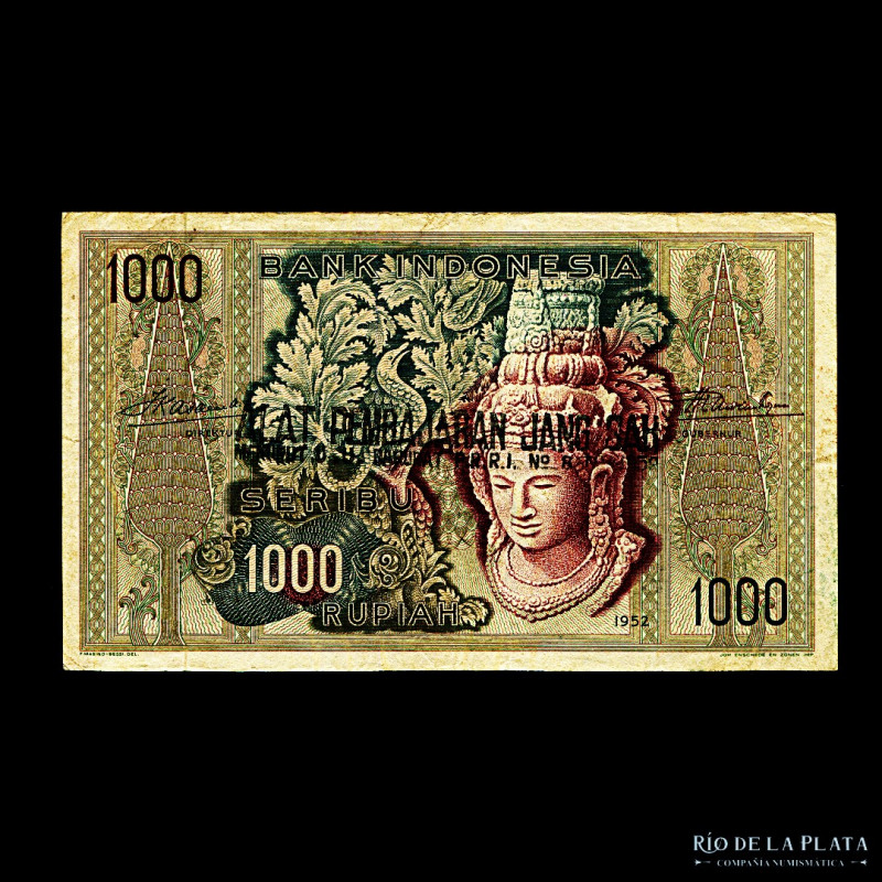 Indonesia. 1000 Rupiah 1952 con resellos revolucionarios. P48 (VF)
Estimate: US...