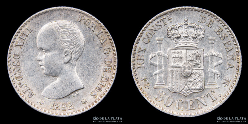 España. Alfonso XIII. 50 Centavos 1892/82. AG.835; 18mm; 2.5g. KM690 (UNC) Escas...