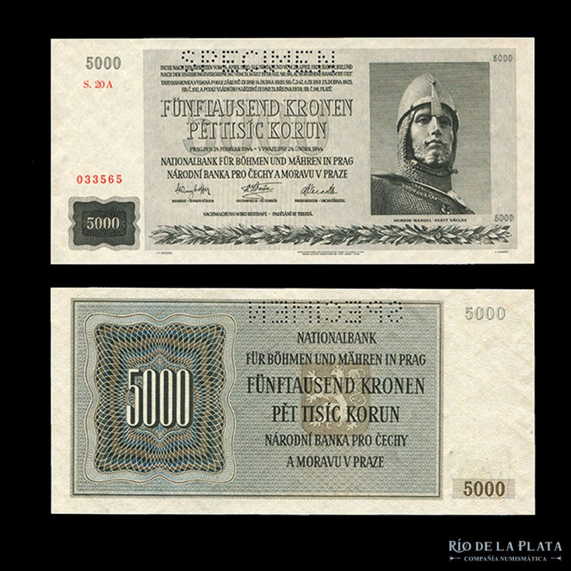 Bohemia & Moravia. 5000 Korun 1944 SPECIMEN. P17s (UNC)
Estimate: USD 35 - 70