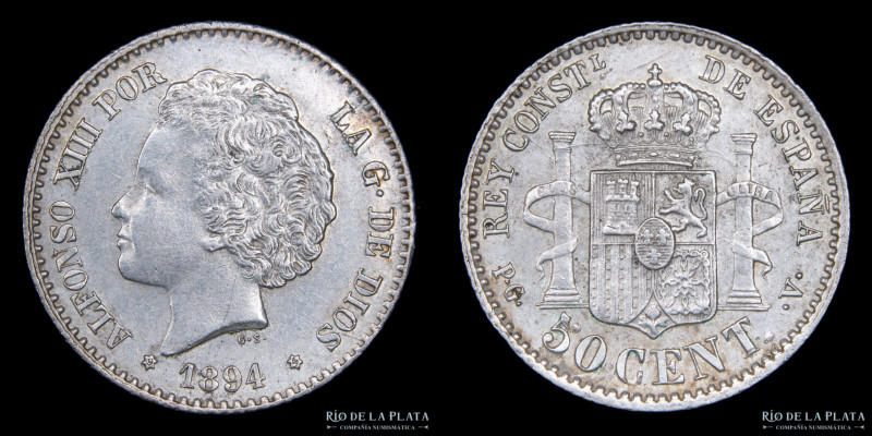 España. Alfonso XIII (1886-1931) 50 Céntimos 1894. AG.835; 18.0mm; 2.50g. KM703 ...