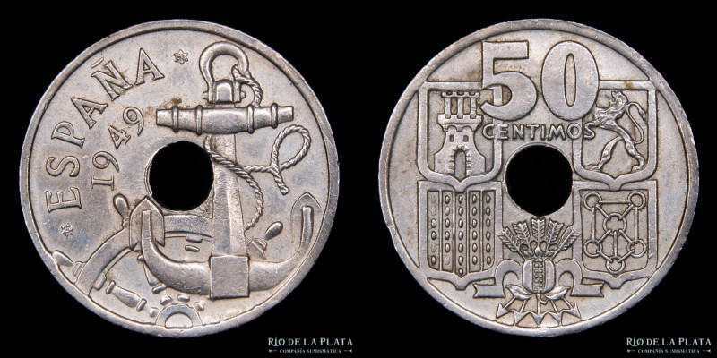 España. 50 Céntimos 1949. CU-Ni, 20mm; 4,00g. KM776 (XF)

Estimate: USD 20 - 4...