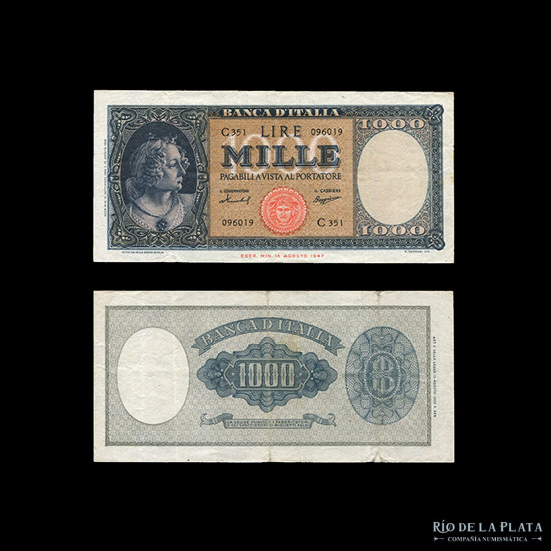 Italia. 1000 Lira ND1959. Firma: Menichella - Boggione. P88c (VF, marcas de dobl...