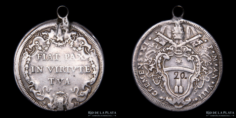 Italia. Papal States (Roma) Clemente XI 1700-1721. AR 1/2 Piastra 1708. 37.5mm; ...