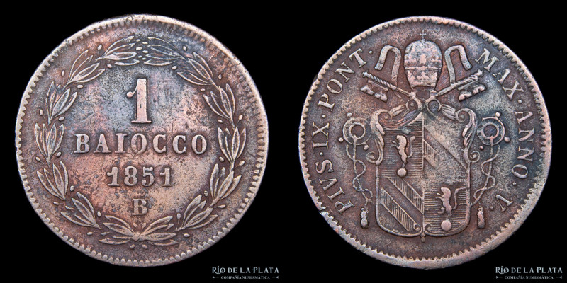 Italia. Papal States (Bolonia) Pio IX (1846-1878) 1/2 Baiocco 1851B. CU, 23.0mm;...