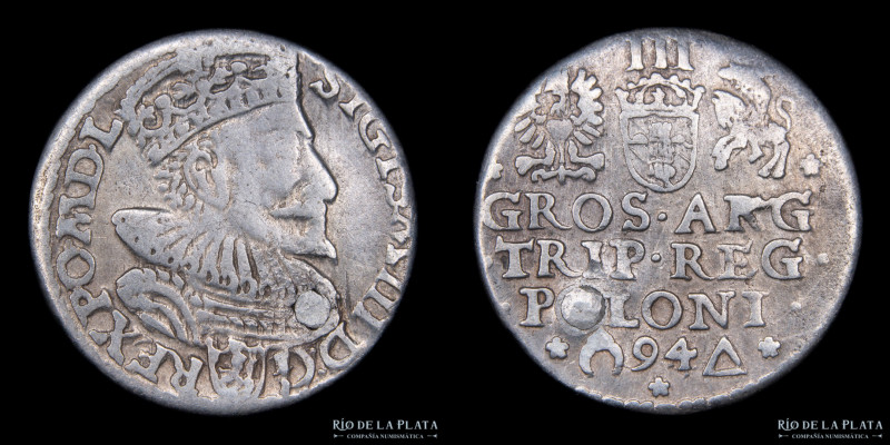 Polonia - Lituania. Sigismundo III (1587-1632). 3 Grozny 1594. AG; 20mm; 2.10g. ...