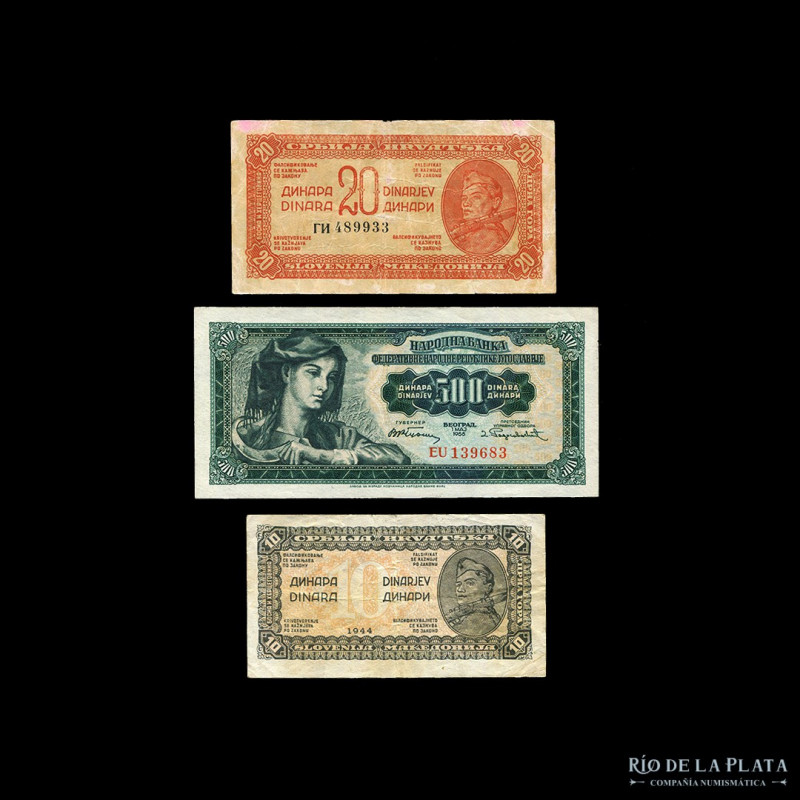 Yugoslavia. 10, 20 y 500 Dinara. 1944-1955. P50, P51 y P70. (F-VF)
Estimate: US...