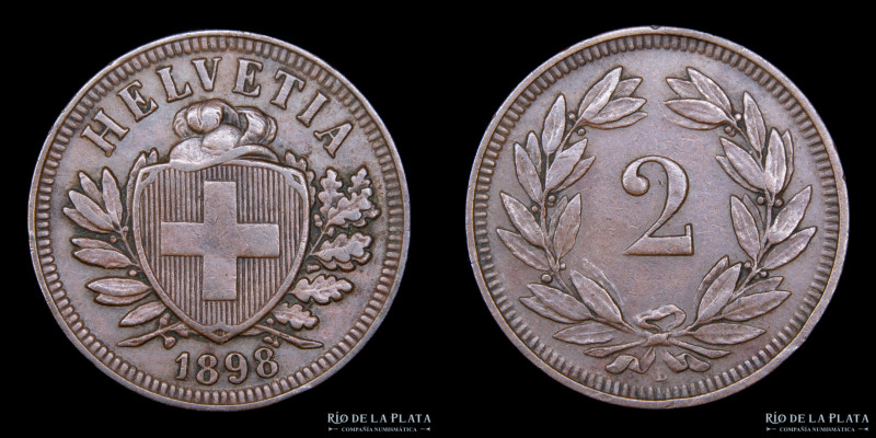 Suiza. 2 Rappen 1898B. CU; 20.0mm; 2.41g. KM4 (VF+)

Estimate: USD 25 - 50