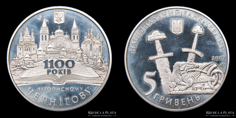 Ucrania. 5 Hryven 2007. 1100º Aniversario de Chernihiv. Niquel plateado; 35.0mm;...