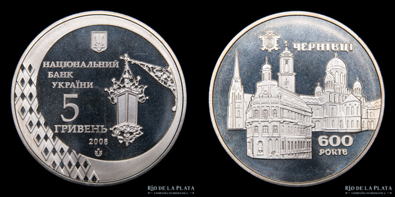 Ucrania. 5 Hryven 2008. 600º Aniversario de Chernivtsi. Niquel plateado; 35.0mm;...