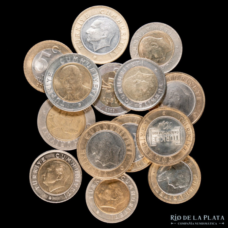 Turquía. Lote x 14 monedas bimetálicas. 50 Kurus y 1 Lira 2003 a 2014. Muchas co...