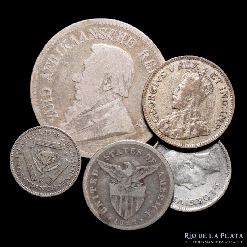 Africa y Asia. Lote x5. Monedas de plata. Incluye Sudáfrica, Filipinas. 25.44g t...