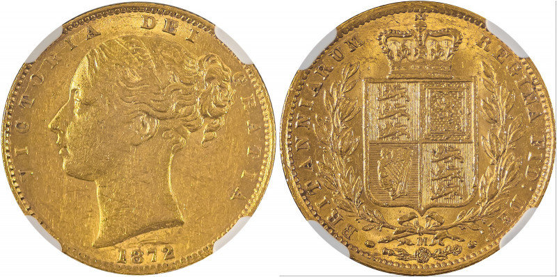 Australia, Victoria, 1837-1901. AV ‘Shield’ Sovereign, 1872M, Melbourne mint, AG...