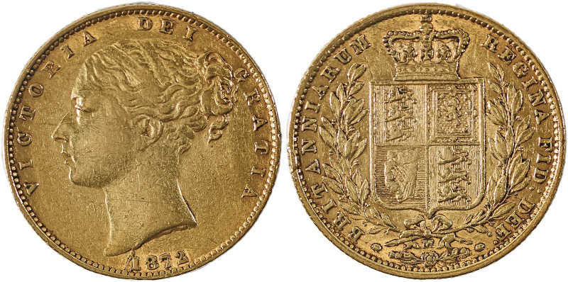 Australia, Victoria, 1837-1901. AV ‘Shield’ Sovereign, 1872M; Melbourne mint, AG...