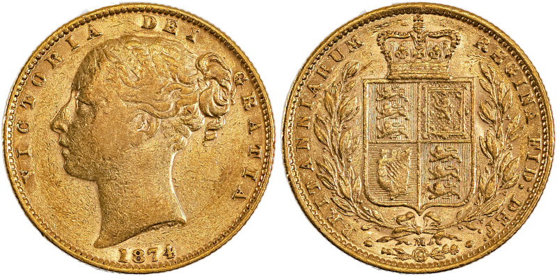 Australia, Victoria, 1837-1901. AV ‘Shield’ Sovereign, 1874M, Melbourne mint, AG...