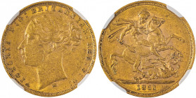Australia, Victoria, 1837-1901. AV Sovereign, 1881M, Melbourne mint, AGW: 0.2355oz (KM7; S-3857; Fr. 16).

A bold example with underlying luster.

Gra...
