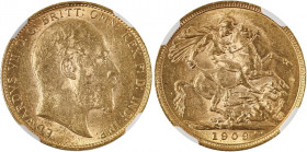 Australia, Edward VII, 1901-1910. AV Sovereign, 1909M, Melbourne mint, AGW : 0.2355oz (KM15; S-3971; Fr. 33).	Lustrous specimen with even tone on both...