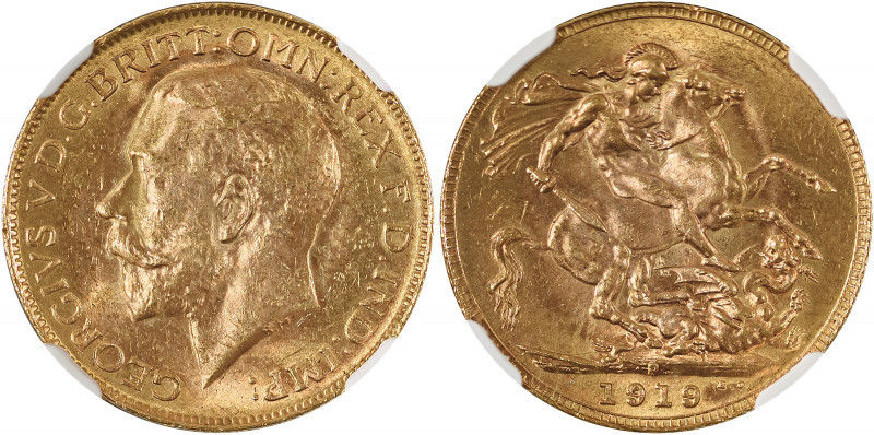 Australia, George V, 1910-1936. AV Sovereign, 1919P, Perth mint, AGW : 0.2355oz ...