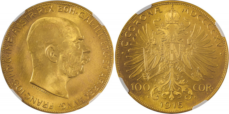 Austria, Franz Joseph I, 1848-1916. AV 100 Corona, 1915 Restrike, Vienna mint, A...