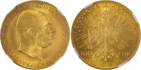 Austria, Franz Joseph I, 1848-1916. AV 100 Corona, 1915 Restrike, Vienna mint, AGW: 0.9802oz (KM2819; Fr. 507B)

Mint State

Graded MS64 NGC

All lots...
