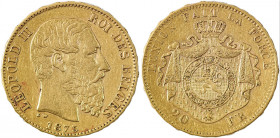 Belgium	, Leopold II, 1865-1909. AV 20 Francs, 1875, Brussels mint, AGW : 0.1867oz (KM37; Fr. 412).

Nice golden tone with good details. Good very fin...