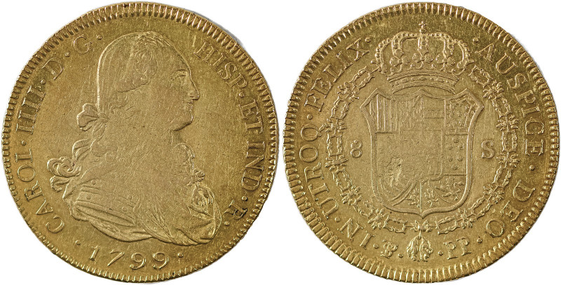 Bolivia, Charles IV, 1788-1808. AV 8 Escudos, 1799PTS PP, Potosi mint, AGW : 0.7...