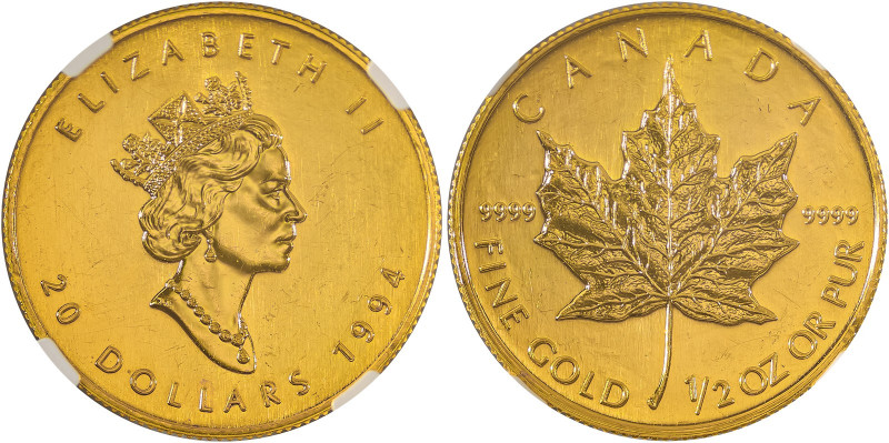 Canada, Elizabeth II, 1952-. AV 20 Dollars, 1994, Maple Leaf, Royal Canadian min...