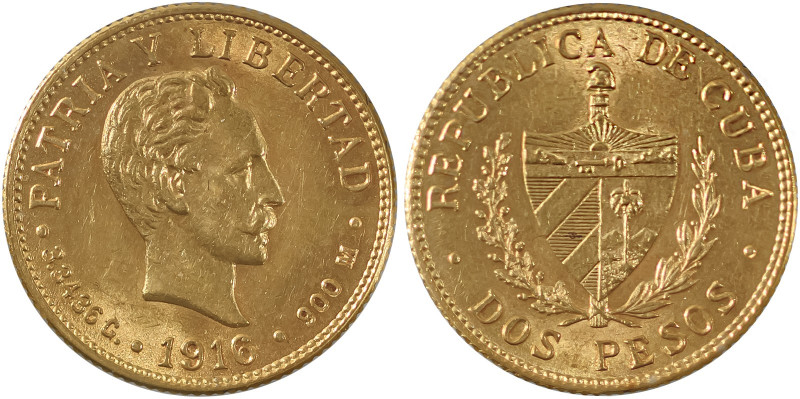 Cuba, Republic. AV 2 Pesos, 1916, Philadelphia mint, AGW : 0.0967oz (KM17; Fr. 6...