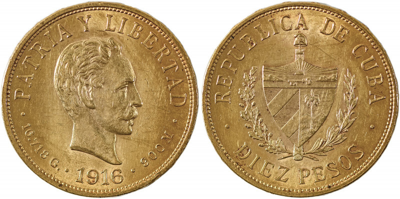 Cuba, Republic. AV 10 Pesos, 1916, Philadelphia mint, AGW : 0.4838oz (KM20; Fr. ...