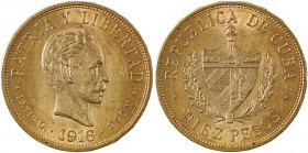 Cuba, Republic. AV 10 Pesos, 1916, Philadelphia mint, AGW : 0.4838oz (KM20; Fr. 3).

Lustrous example with strong details and golden tone, a couple of...