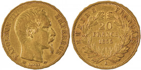 France, Napoleon III, 1852-1870. AV 20 Francs, 1855A, Paris mint, AGW : 0.1867oz (KM781.1; Fr. 573).

Rich golden tone with good details. Very fine

A...