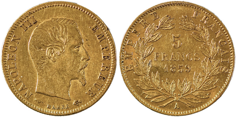 France, Napoleon III, 1852-1870. AV 5 Francs, 1859A, Paris mint, AGW : 0.0467oz ...