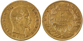 France, Napoleon III, 1852-1870. AV 5 Francs, 1859A, Paris mint, AGW : 0.0467oz (KM787.1; Fr. 578a).

Attractive golden tone with nice details. A smal...