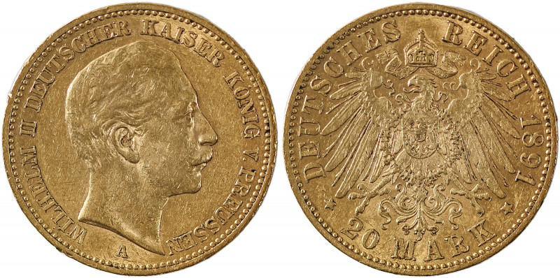 German States, Prussia, Wilhelm II, 1888-1918. AV 20 Mark 1891A, Berlin mint, AG...
