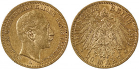 German States, Prussia, Wilhelm II, 1888-1918. AV 20 Mark 1891A, Berlin mint, AGW : 0.2305oz (KM521; Fr. 3831).

Rich golden tone, nice details. A cou...