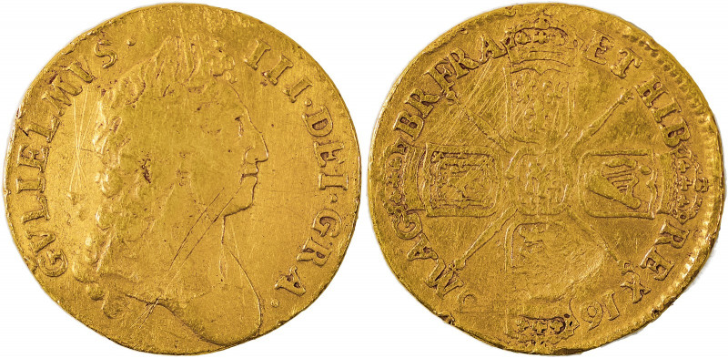 Great Britain, William III, 1694-1702. AV Guinea, 1696, first laureate bust, AGW...