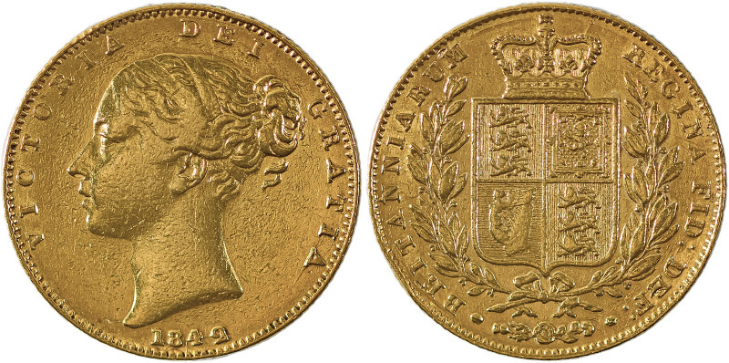 Great Britain, Victoria, 1837-1901. AV ‘Shield’ Sovereign, 1842, London mint, AG...