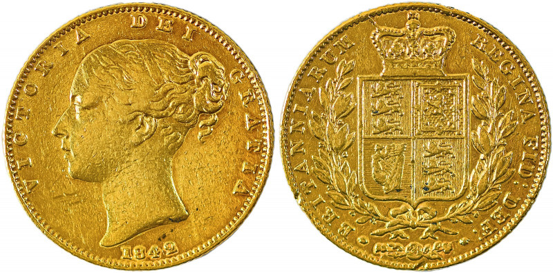 Great Britain, Victoria, 1837-1901. AV ‘Shield’ Sovereign, 1842, London mint, AG...
