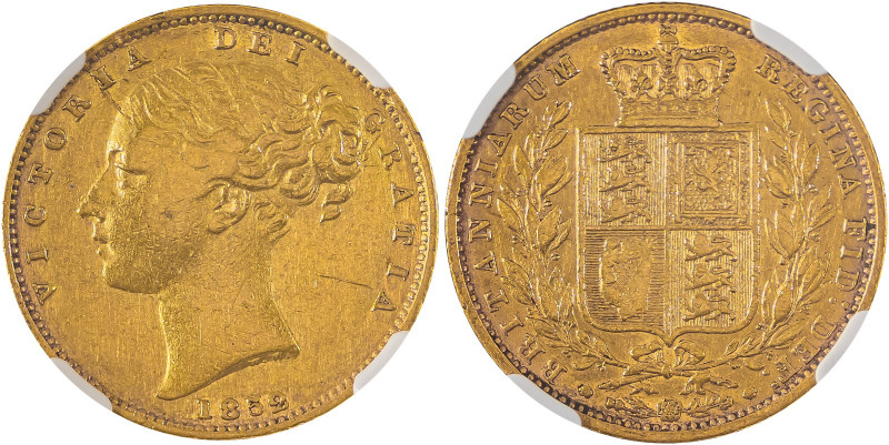 Great Britain, Victoria, 1837-1901. AV ‘Shield’ Sovereign, 1852, London mint, AG...
