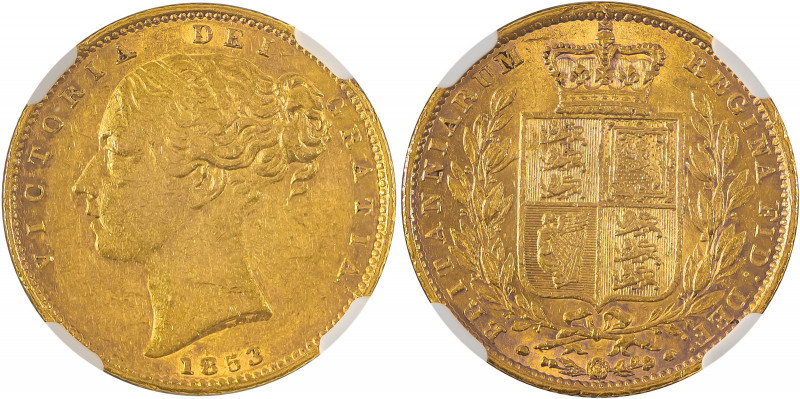 Great Britain, Victoria, 1837-1901. AV ‘Shield’ Sovereign, 1853, London mint, W....