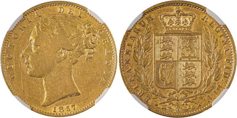 Great Britain, Victoria, 1837-1901. AV ‘Shield’ Sovereign, 1857, London mint, AG...