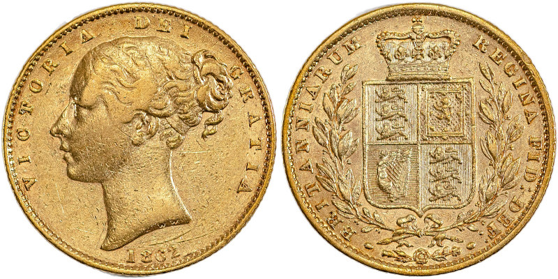 Great Britain, Victoria, 1837-1901. AV ‘Shield’ Sovereign, 1862, London mint, AG...