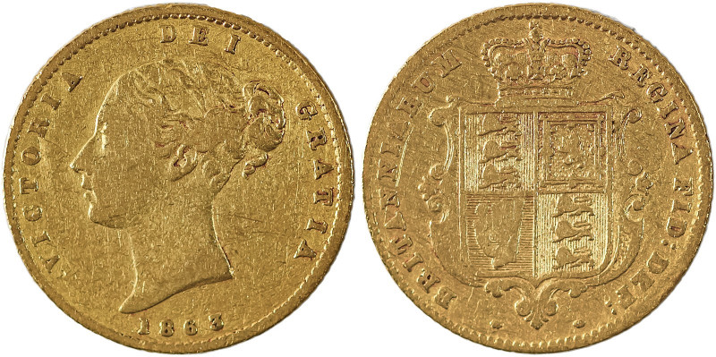 Great Britain, Victoria, 1837-1901. AV ‘Shield’ 1/2 Sovereign, 1863, London mint...