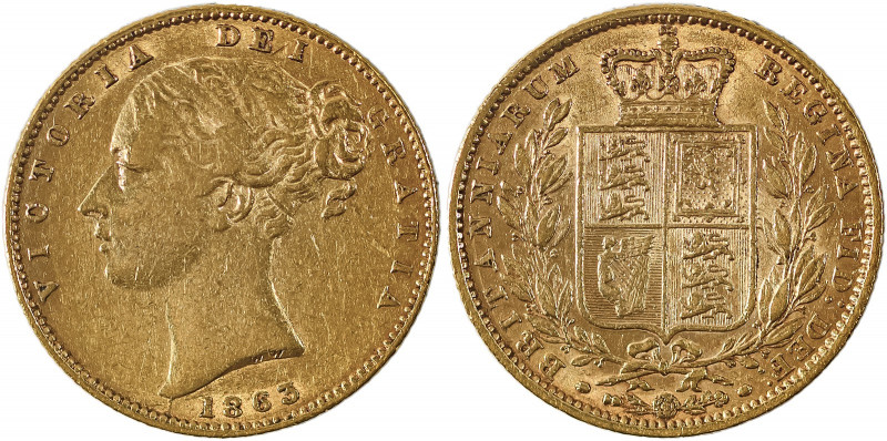 Great Britain, Victoria, 1837-1901. AV ‘Shield’ Sovereign, 1863, London mint, AG...