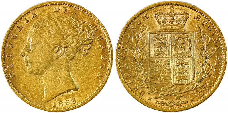 Great Britain, Victoria, 1837-1901. AV ‘Shield’ Sovereign, 1863, London mint, AG...