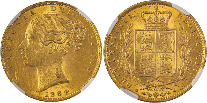 Great Britain, Victoria, 1837-1901. AV 'Shield' Sovereign, 1864, London mint, AG...