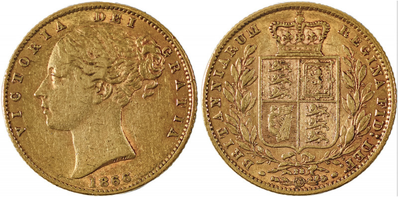 Great Britain, Victoria, 1837-1901. AV ‘Shield’ Sovereign, 1866, London mint, AG...