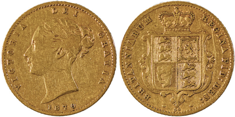 Great Britain, Victoria, 1837-1901. AV ‘Shield’ 1/2 Sovereign, 1870, London mint...
