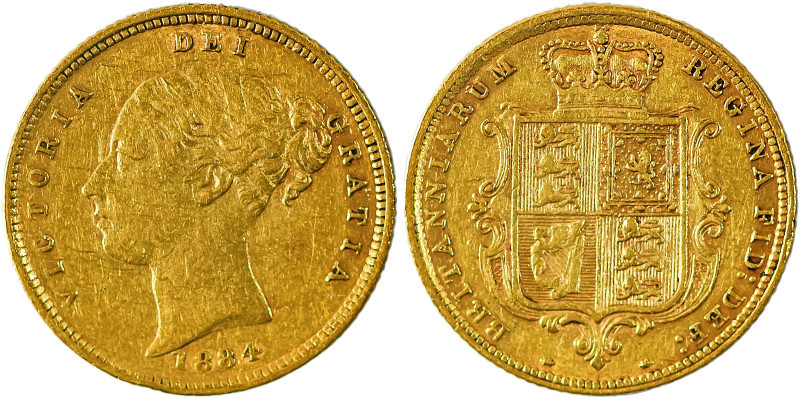 Great Britain, Victoria, 1837-1901. AV ‘Shield’ 1/2 Sovereign, 1884, London mint...