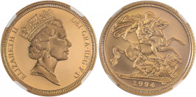 Great Britain, Elizabeth II, 1952-. AV Proof 1/2 Sovereign, 1994, Royal Mint, AGW: 0.1177oz (KM942; S-SB2)

A superb example with mirror-like deep fro...